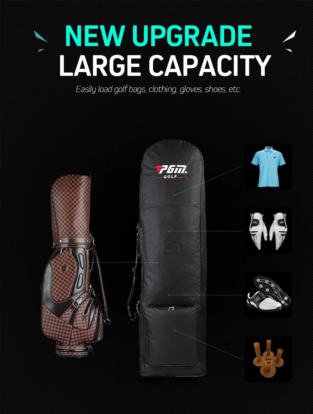 PGM Golf Aviation Bag – Large Capacity Foldable Golf Bag with Silent Wheels for Airplane Travel, HKB002