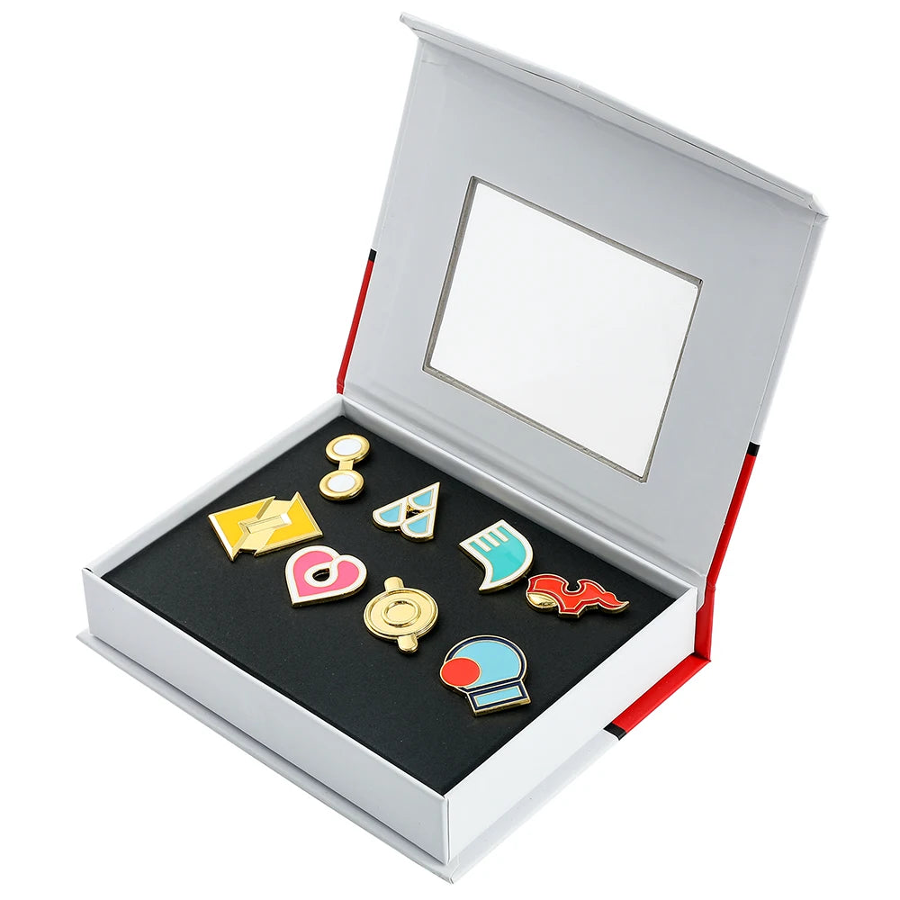 Anime League Gym Badge Set – Metal Brooches from Sinnoh, Johto, Hoenn & Indigo with Pikachu & Squirtle Figure Toys