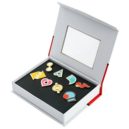 Anime League Gym Badge Set – Metal Brooches from Sinnoh, Johto, Hoenn & Indigo with Pikachu & Squirtle Figure Toys