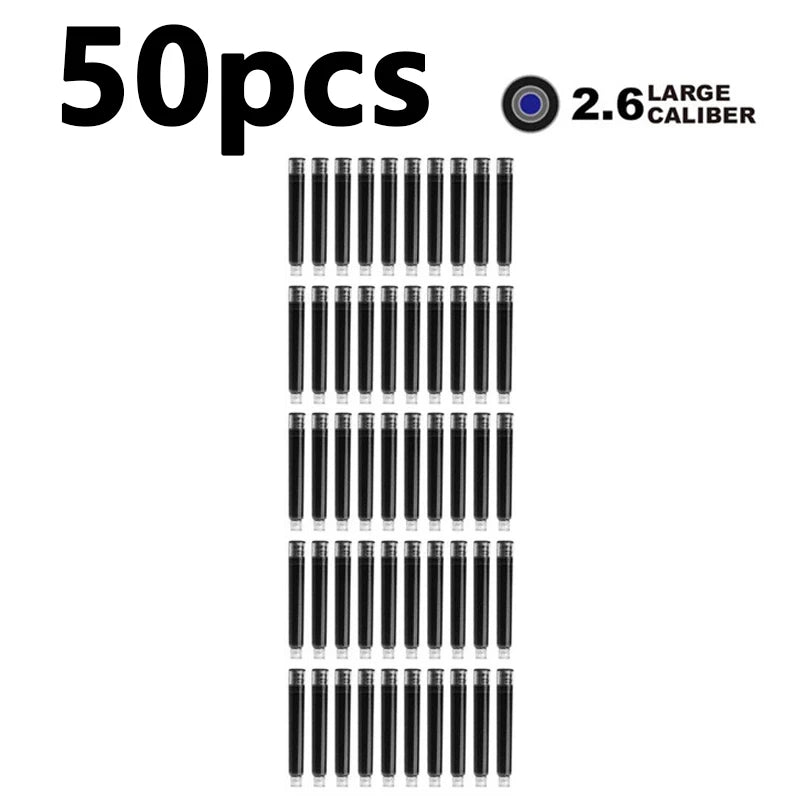 50/100pcs Fountain Pen Ink Cartridges – Black, Blue & Red Refill Set (2.6/3.4mm Bore) High-Quality