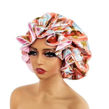 Women’s Satin Bonnet Cap – Double Layer Silky Big Bonnet, Printed Sleep Cap & Head Wrap for Ladies