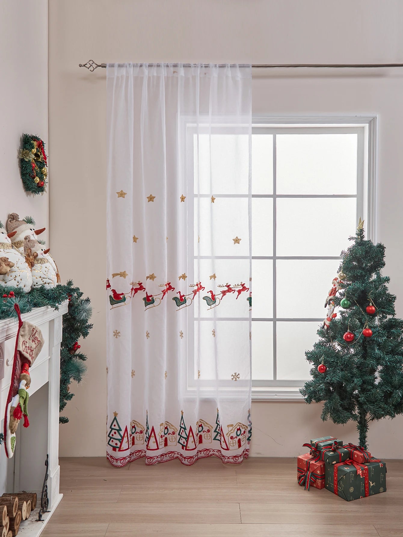 Christmas Sheer Curtain Panel - 84 Inch Holiday Poinsettia Buffalo Plaid Window Decor for Living Room