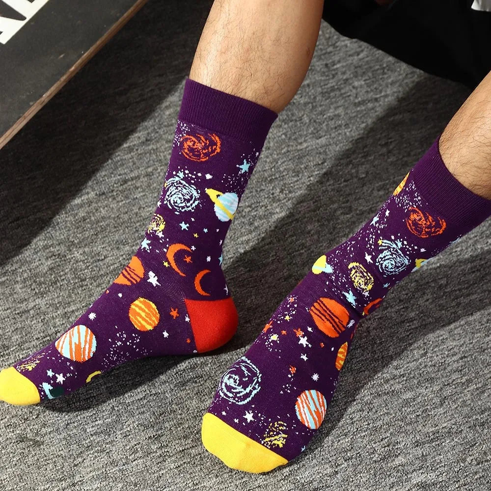 5-Pair Combed Cotton Novelty Crew Socks - Funny Skateboard Casual Socks for Men & Women