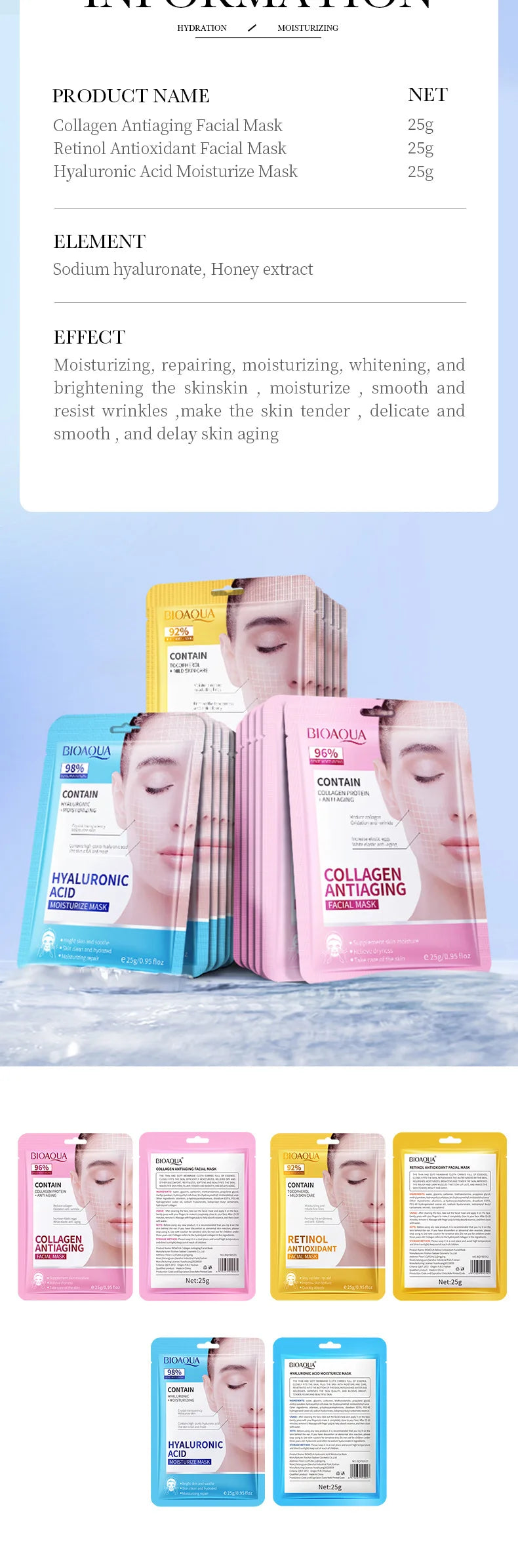 15PCS BIOAQUA Retinol Collagen Face Masks – Firming, Hydrating, Brightening & Moisturizing Skincare