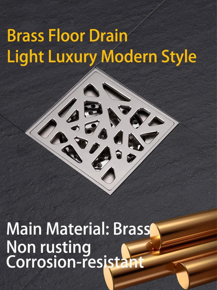 Luxury Brass Floor Drain — 10x10CM Carved Anti-Odor & Insect-Proof Drain for Shower, Bathroom & Balcony