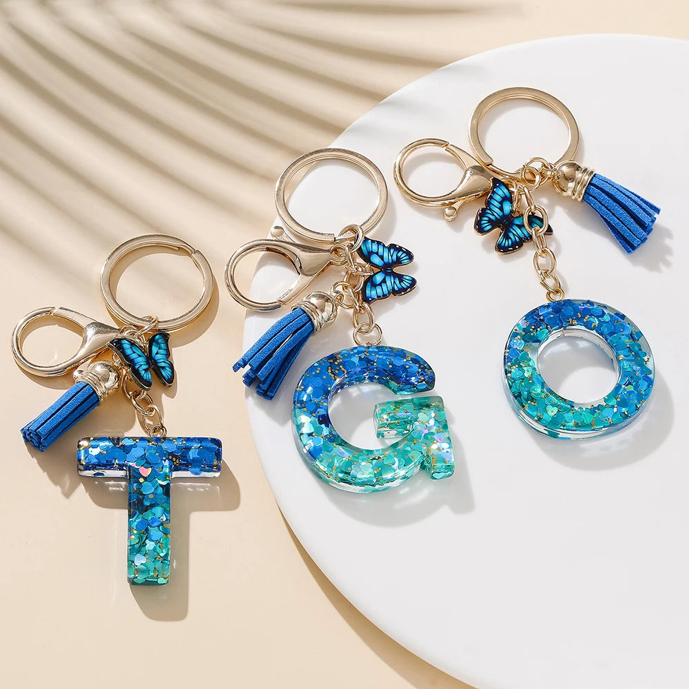 Royal Blue Butterfly Initial Keychain - Alloy Alphabet Letter & Tassel Backpack Charm