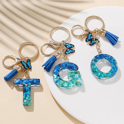Royal Blue Butterfly Initial Keychain - Alloy Alphabet Letter & Tassel Backpack Charm