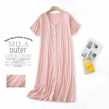 Women’s Modal Short-Sleeve Night Dress – Mid-Length Cotton Sleep Top with Buttons, Plus Size Pajamas