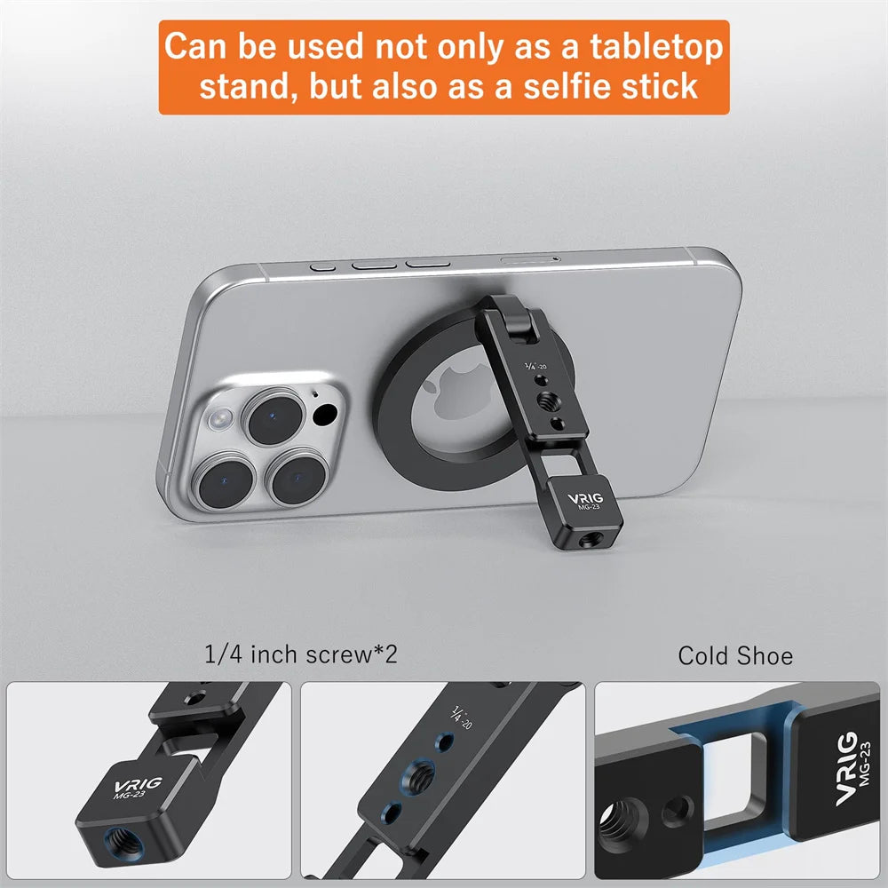 VRIG Magnetic Phone Holder Stand – MagSafe Cold Shoe Tripod Mount with 1/4” Screw for iPhone & Android, Desktop Vlog & Live Streaming
