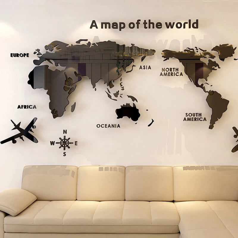 3D Acrylic World Map Wall Stickers – Three-Dimensional Mirror Decals for Bedroom & Office Decoration