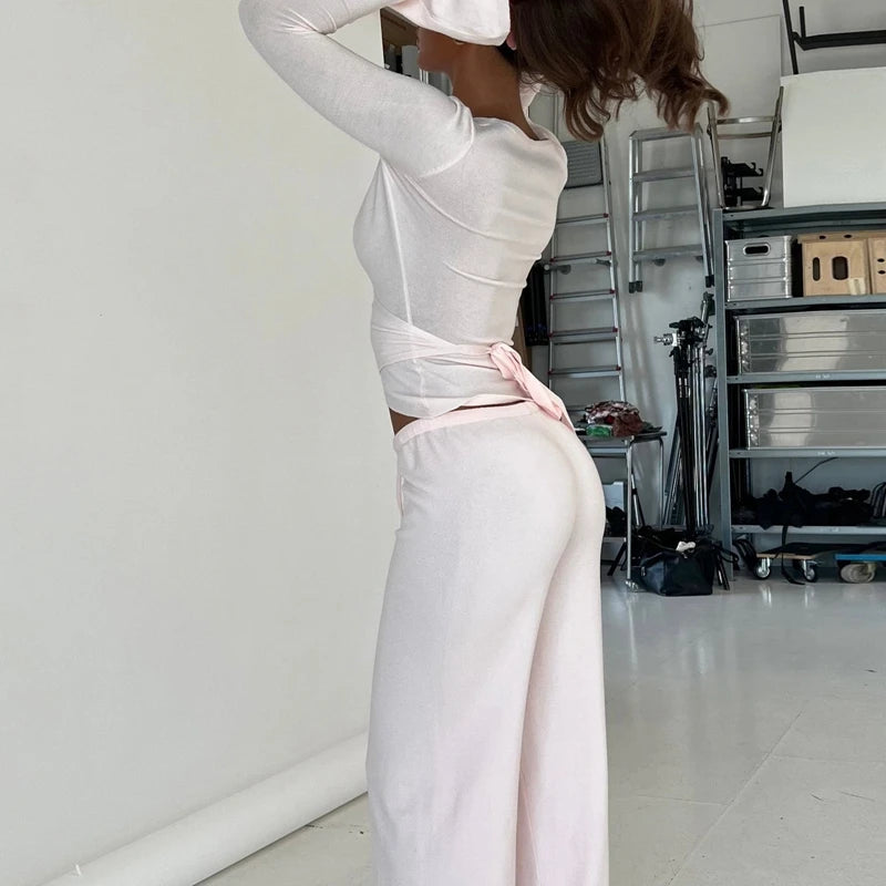 Women’s Vintage Lounge Set – 2-Piece V-Neck Tie T-Shirt & Elastic Waist Pants, Autumn Long Sleeve Crop Top Outfit