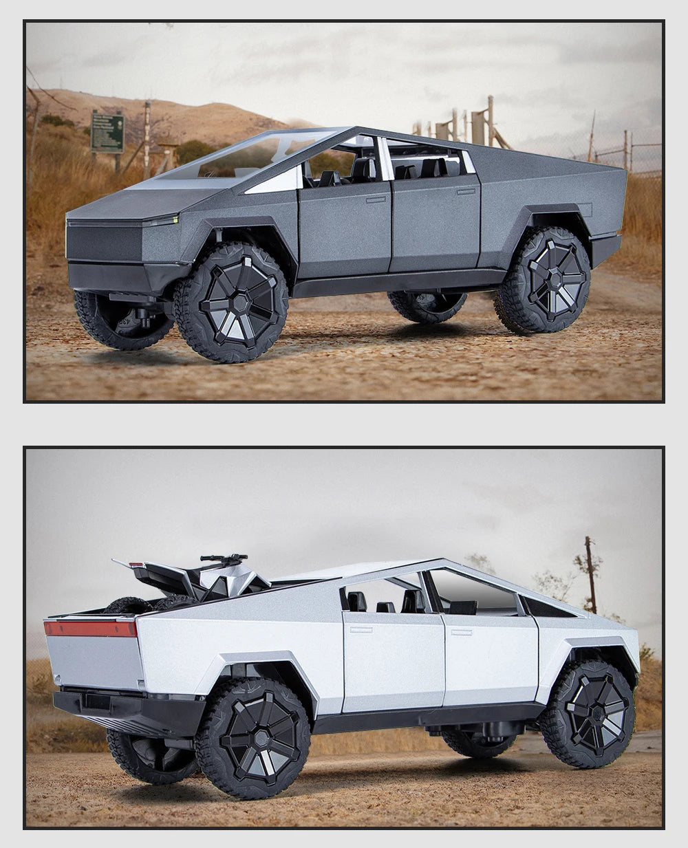 1:24 Cybertruck Model Silver Diecast Pickup Toy Car with Sound & Light for Kids 3+