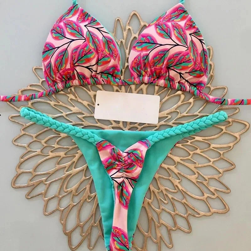 Women’s Bikini Split Print Swimwear – Sexy G-String Beach Set for Summer Holiday & Vacation Wear
