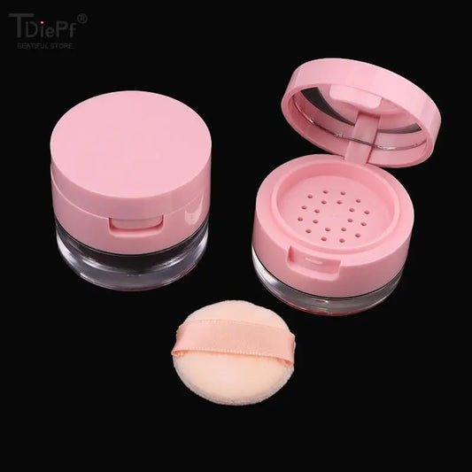 Portable Loose Powder Container – Plastic Cosmetic Sifter Jar with Mirror for Travel Makeup