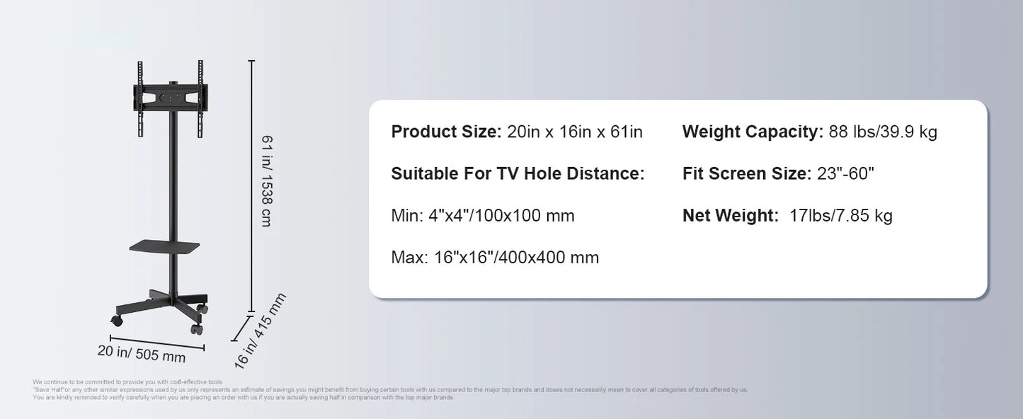 SucceBuy Height Adjustable Mobile TV Stand – Rolling Cart with Double Tray for Audio-Visual Devices