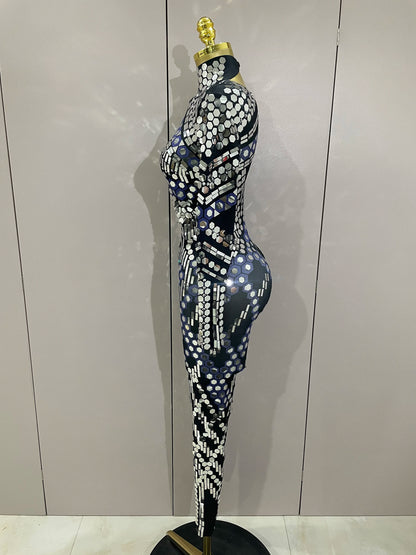 Sexy Shiny Silver Sequin & Black Spandex Jumpsuit — 2025 Women’s Prom, Dancer & Stage Performance Costume