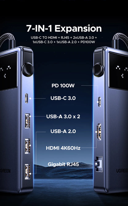 UGREEN 7-in-1 USB-C Hub – 4K HDMI, USB 3.0, RJ45 Gigabit Ethernet Docking Station for MacBook & Laptops