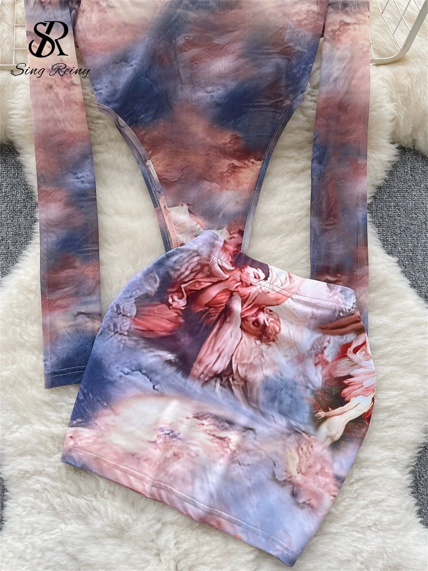 SINGREINY Fashion Hotsweet Two-Piece Suit - O Neck Long Sleeved Transparent Bodysuit Top + Skinny Mini Skirt, Tie Dye Print Sets