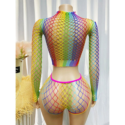 Women’s Sexy Fishnet Long Sleeve Cover-Up Dress – Hollow Out See-Through Bodycon Beachwear Summer Swimwear (QQ653)