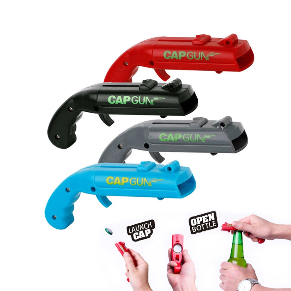 Portable Cap Gun Bottle Opener – Creative Flying Cap Launcher, Gun-Shaped Drink Opener for Beer, Red & Gray
