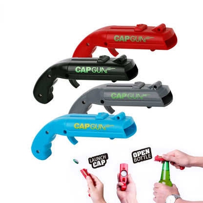 Portable Cap Gun Bottle Opener – Creative Flying Cap Launcher, Gun-Shaped Drink Opener for Beer, Red & Gray