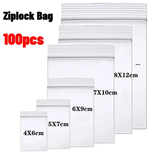 100PCS Thick Zipper Sealed Bags – Clear Plastic Storage Bags for Jewelry, Food Packing, Reclosable Ziplock Bags