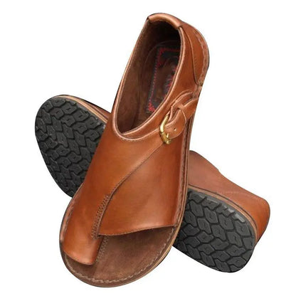 Women’s Retro Summer Sandals 2025 – PU Leather Peep Toe Flat Beach Slippers with Buckle Strap, Casual Comfort Shoes