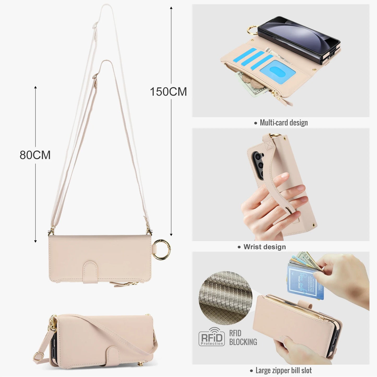 Crossbody Leather Wallet Case with Card Slots, Zipper & Kickstand for Samsung Galaxy Z Fold 3/4/5/6 – Wristband & Ring Holder