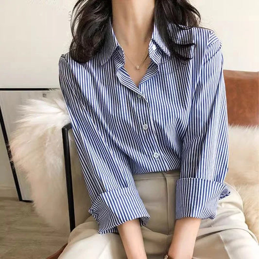 Classic Striped Women’s Blouse — Spring & Autumn Long Lantern Sleeve Shirt with Stand Collar