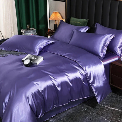 Silk Bedding Set With Duvet Cover - Luxury Satin Bed Sheet Pillowcase Set Solid Color King Queen Twin Size