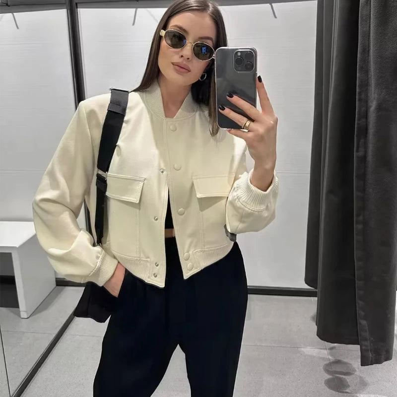 TRAF Women's White Bomber Jacket - Autumn Winter Cropped Aviator Coat with Button Closure, Long Sleeve Baseball Outerwear