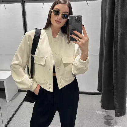 TRAF Women's White Bomber Jacket - Autumn Winter Cropped Aviator Coat with Button Closure, Long Sleeve Baseball Outerwear