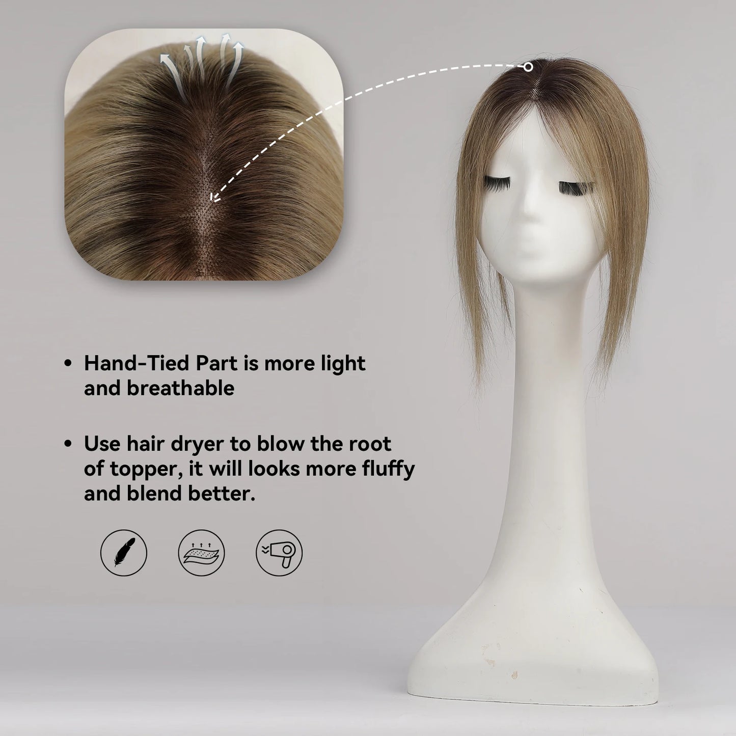 Ombre Blonde Brown 100% Remy Human Hair Topper – Silk Base Clip-In Extension for Women with Hair Loss, 12 Inch