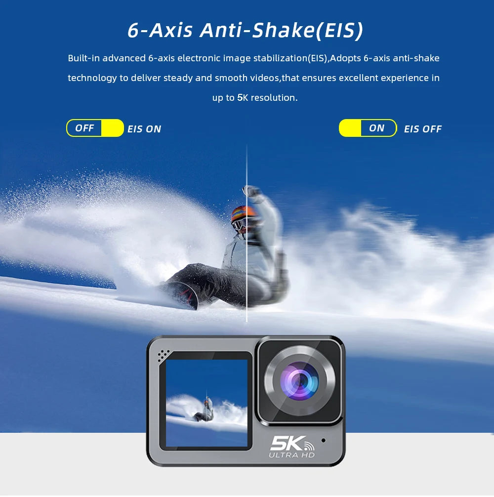 F6W Action Camera — 5K/4K60FPS, 48MP, 2.2" Touch LCD, EIS, Dual Screen, Wi-Fi, 170° Waterproof 30M, 8X Zoom Sports Camera with Wireless Mic
