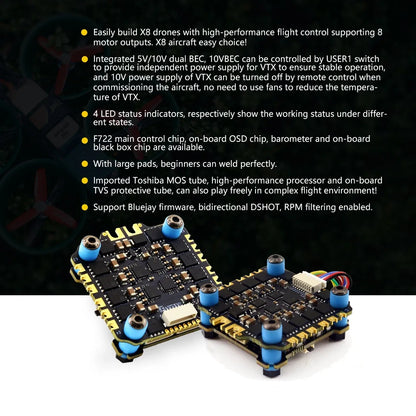 SoloGood F722 Flight Controller with ICM42688P & BLHELI_S 60A 4-in-1 ESC – 30.5x30.5mm 2-6S for FPV Freestyle Drone Parts