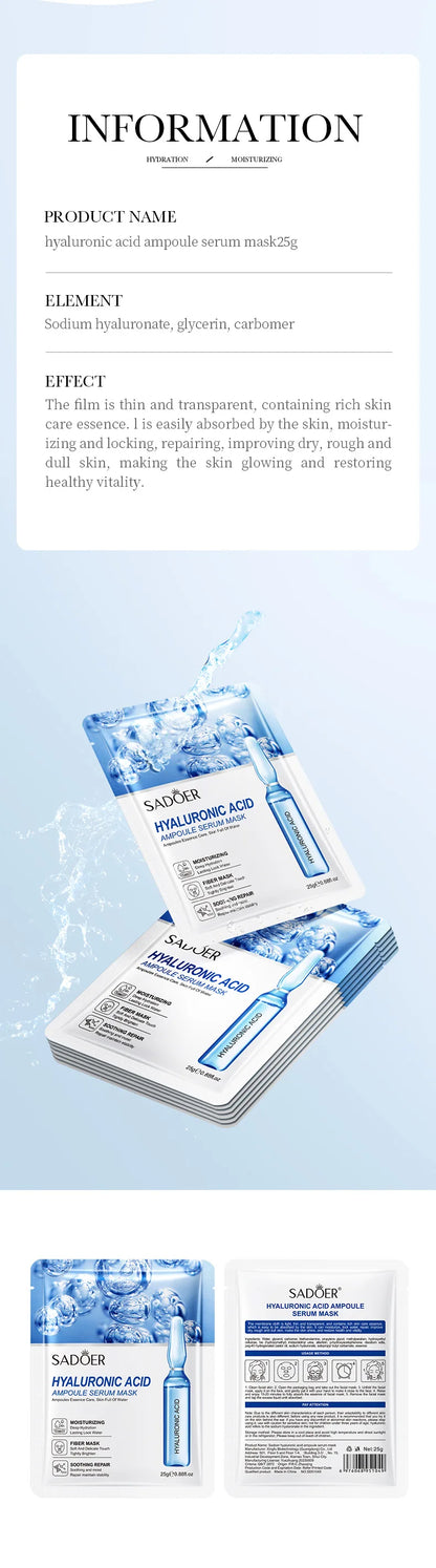 10pcs SAODER Hyaluronic Acid Face Masks – Hydrating, Moisturizing & Firming Skincare