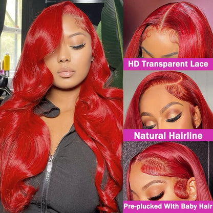 30 Inch Hot Red Body Wave Wig – 13x4 Lace Front, Pre-Plucked Brazilian Human Hair, HD Transparent 13x6 Lace Frontal Wig