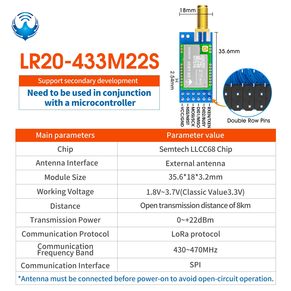 LLCC68 LoRa Wireless Module - DX-LR20 22dBm Long-Range SMD RF Module for 433/475/868/915MHz Frequencies