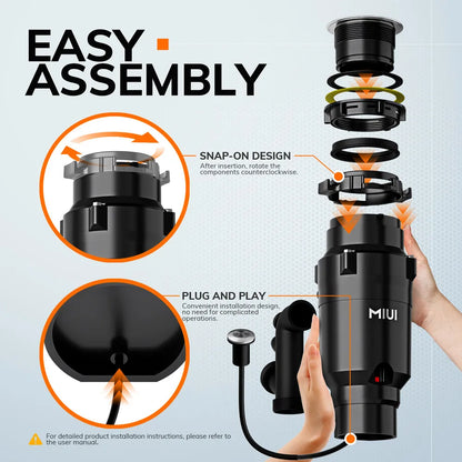 MIUI Continuous Feed Garbage Disposal | 1/2 HP Food Waste Disposer with Stainless Steel Grinding System | Sound Reduction