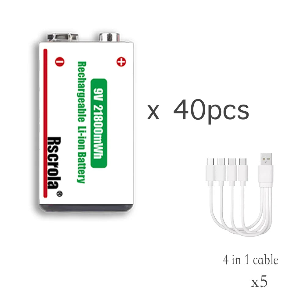 9V Lithium-Ion Rechargeable Battery 21800mWh – High-Capacity Power for Guitar, Microphone, Smoke Detector & Pedals with Cable