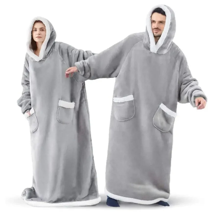 2024 Oversized Flannel Blanket Hoodie – Super Long Fleece Pullover with Sleeves for Winter