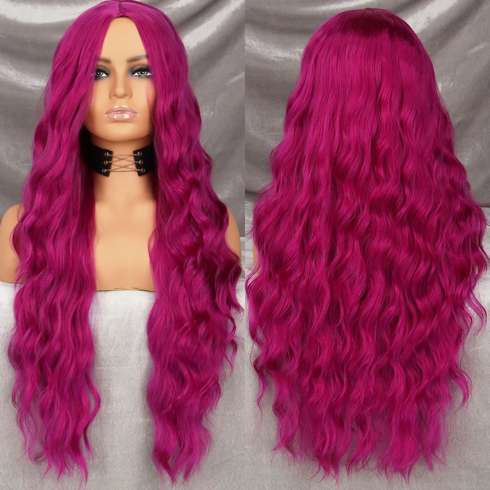 Long Wavy Green Synthetic Wig – Heat-Resistant Women's Cosplay, Party, Lolita Style, Half Part, Red/Black/Pink