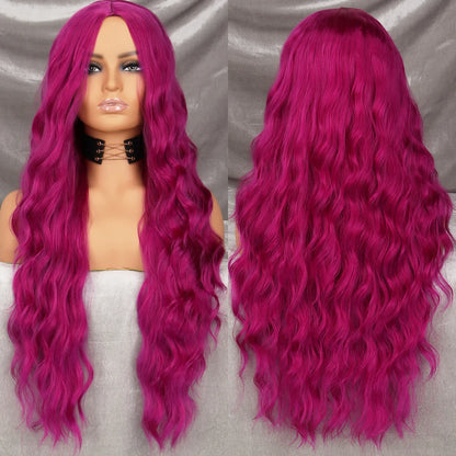 Long Wavy Green Synthetic Wig – Heat-Resistant Women's Cosplay, Party, Lolita Style, Half Part, Red/Black/Pink