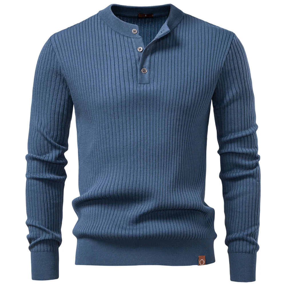 Men's Ribbed Stripe Polo Shirt - Long Sleeve Button Placket Premium Business Casual Top