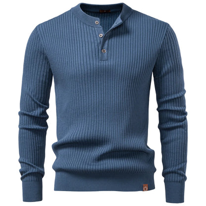 Men's Ribbed Stripe Polo Shirt - Long Sleeve Button Placket Premium Business Casual Top
