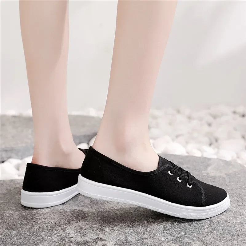 Lady Classic Round Toe White Canvas Shoes | Comfortable Lace-Up Street Sneakers for Students
