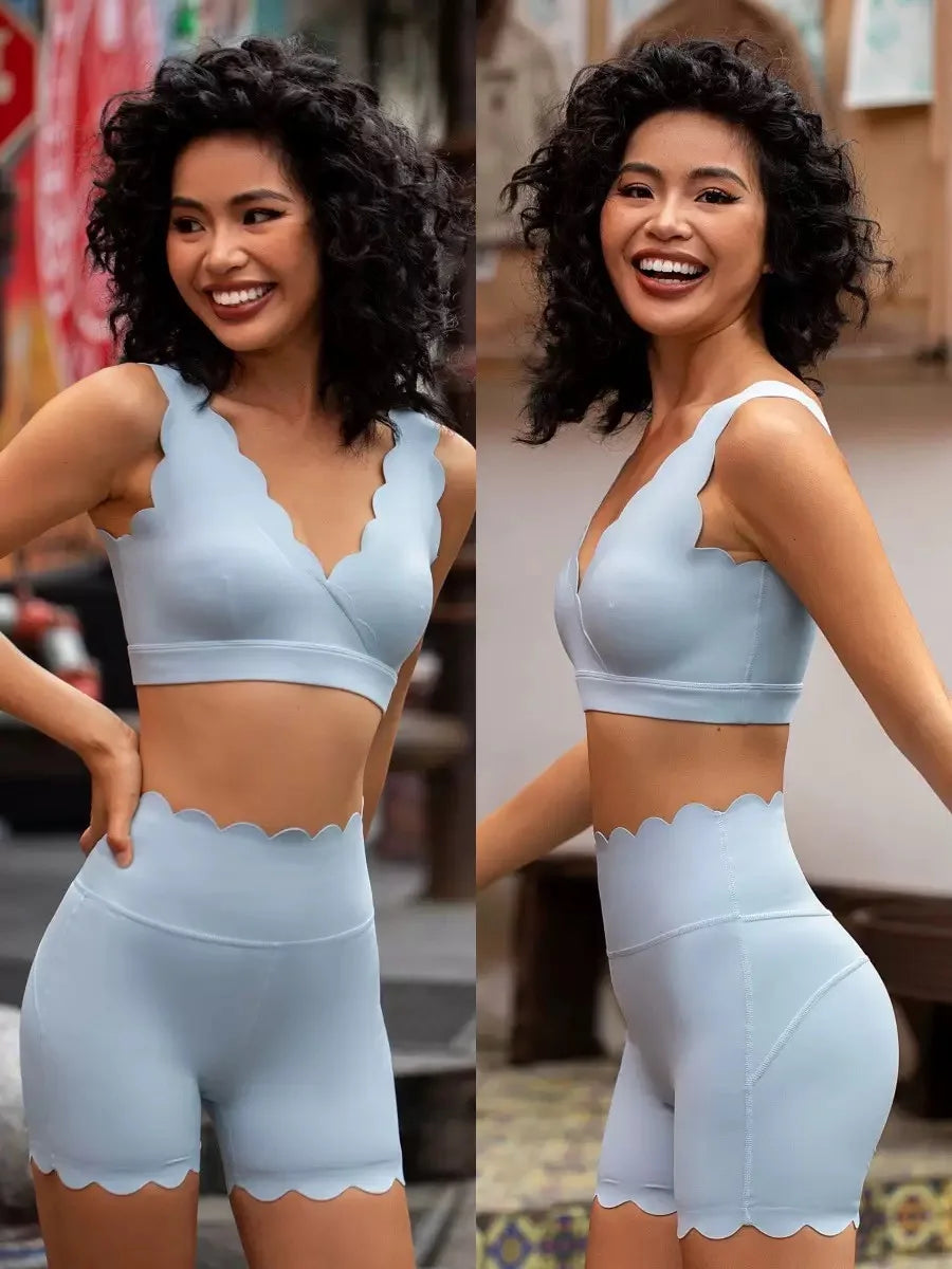 Women’s 2-Piece Yoga Set – Shockproof V-Neck Sports Bra & Lifting Hip Shorts, Soft Gym & Pilates Workout Clothing
