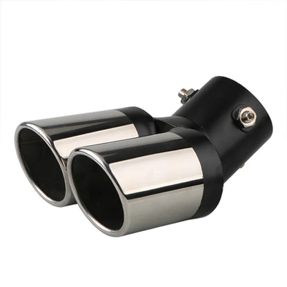 2.5" Chrome Tail Pipe Exhaust Trim, Stainless Steel Double Outlet Muffler for Car Styling - Curved Inlet Decoration