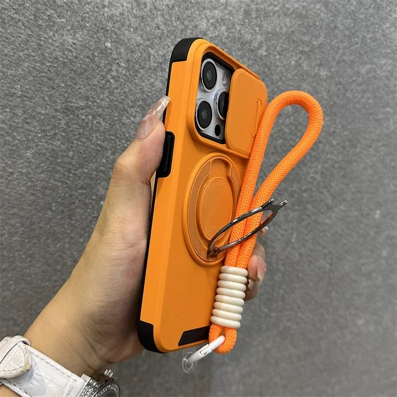Armor Magnetic iPhone Case with Lanyard – Shockproof Slide Camera Protection for iPhone 11-16 Pro Max