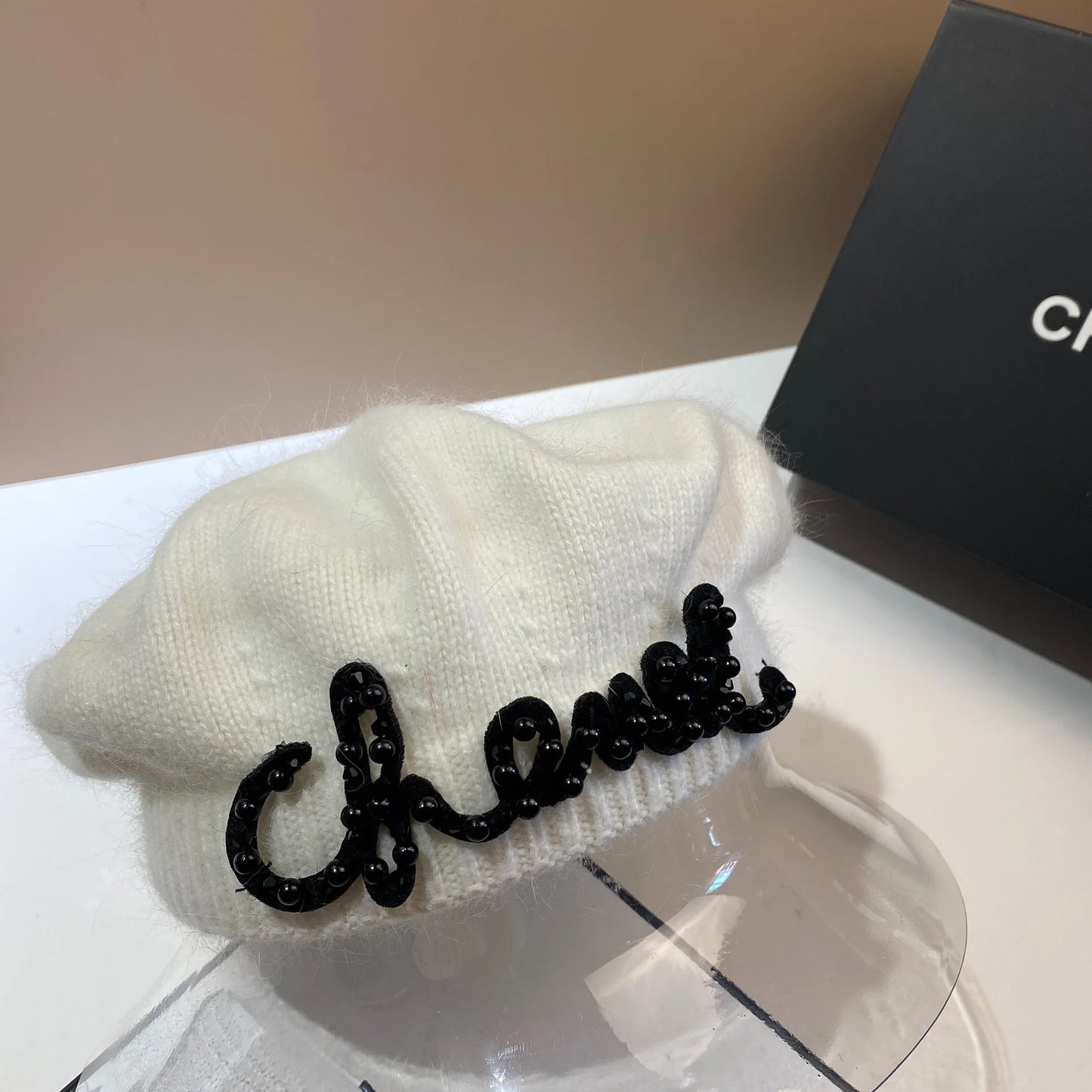 Luxury Fashion Letter Pearl Angora Fur Beret – Women's French Painter Hat, Warm Knitted Octagonal Walking Cap